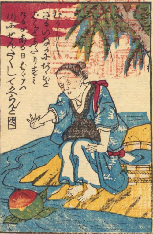 Old woman picks up peach from river